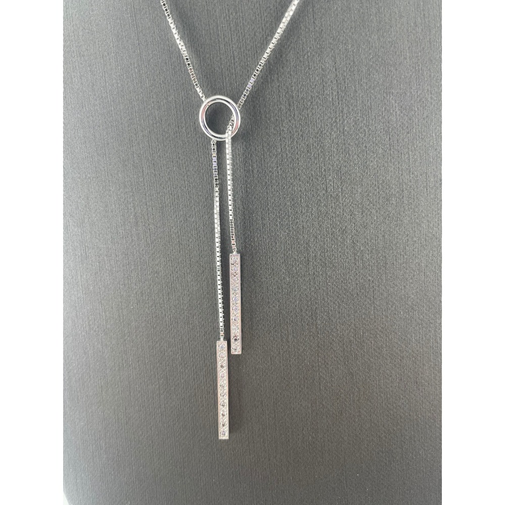 Sterling Silver CZ Lariat Y Necklace Adjustable Box‎ Chain Pavé Bar Drop Pendant - Picture 3 of 10